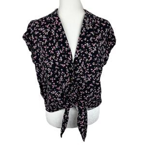 No Boundaries Button Up Shirt Women Extra Large Black Pink Floral AOP Juniors